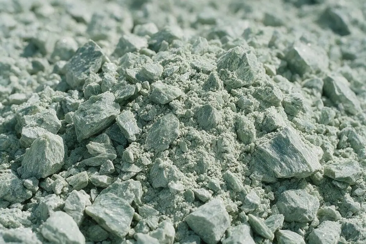 Serpentine mining tailings - fine silica-bearing mineral powder and rock fragments