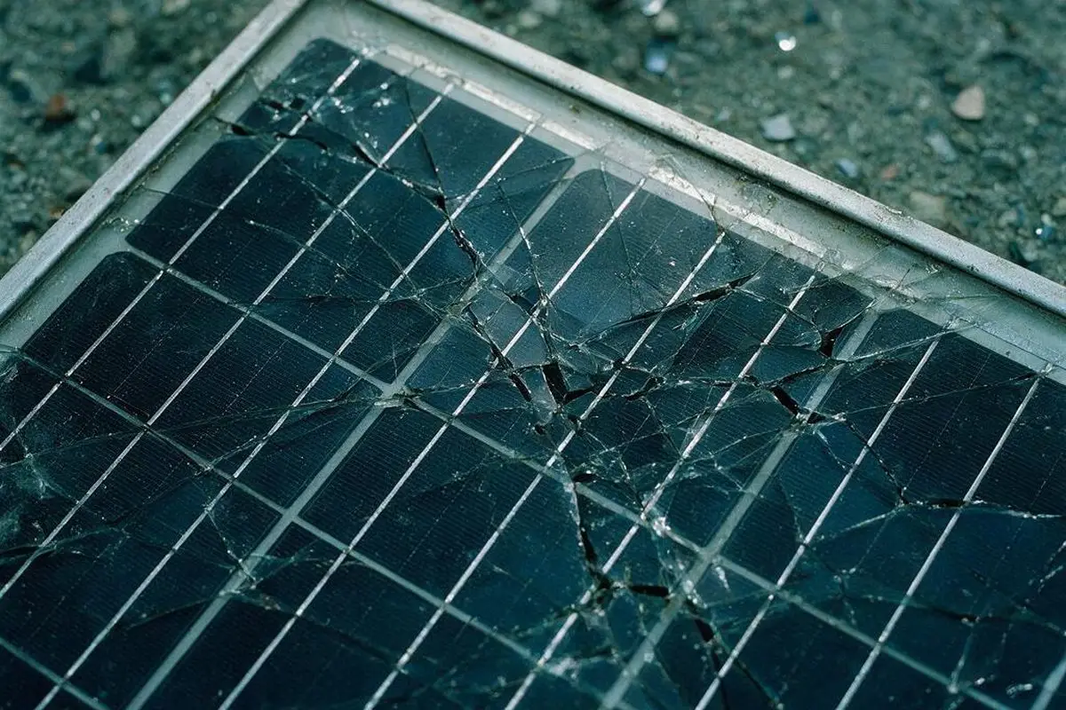 A cracked end-of-life photovoltaic panel, its silicon cells and silver busbar grid exposed