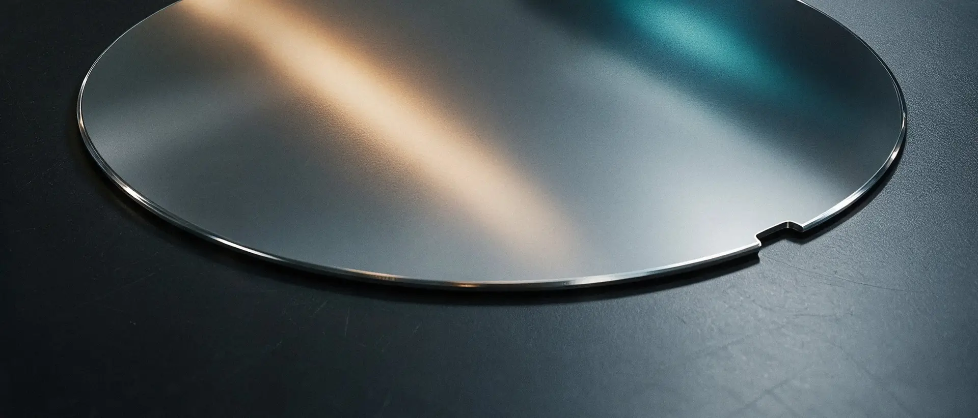 A bare mirror-polished monocrystalline silicon wafer on a dark laboratory bench, its alignment notch visible on the rim